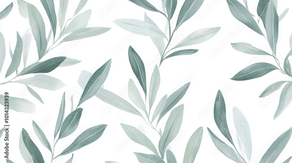 Fototapeta premium Seamless pattern of olive branches in soft sage green against a white background, ideal for minimalist design and decor