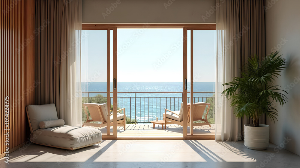Balcony room with sea and beach view from the window Modern interior ...