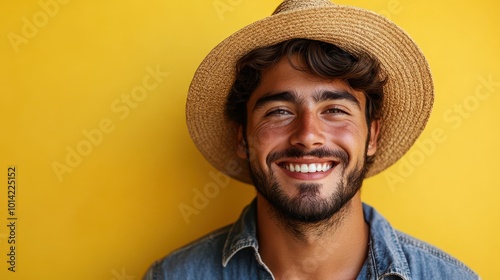Farmer in studio portrait, young handsome villager smiling with hat, happy agriculture worker on yellow background, posing cheerful and confident, lifestyle, expression
