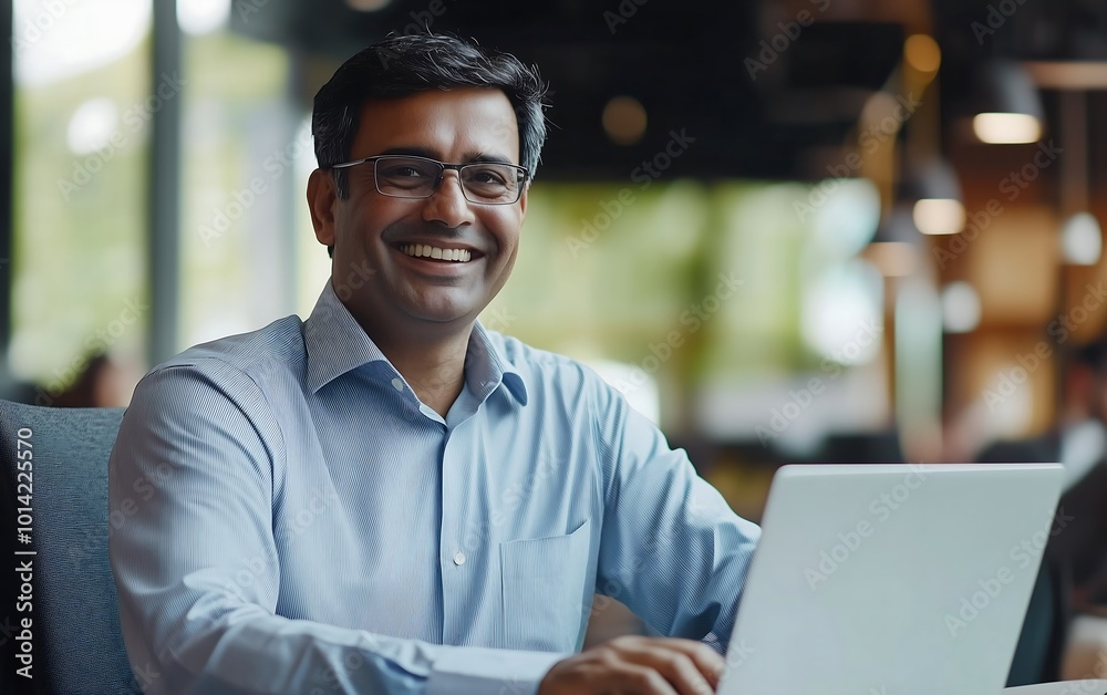 Fototapeta premium A smiling man with glasses sits at a laptop in a modern workspace, exuding confidence and professionalism.