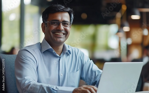 A smiling man with glasses sits at a laptop in a modern workspace, exuding confidence and professionalism.