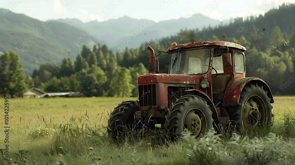 Old tractor in the field with blue sky and white clouds Old tractor in the field with blue sky and white clouds