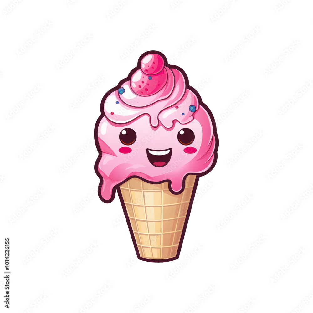 A pink ice cream cone with a smiling face and colorful sprinkles is perfect for summer themed designs, children's products, and joyous occasion. Generative AI A pink ice cream cone with a smiling face and colorful sprinkles is perfect for summer themed designs, children's products, and joyous occasion. Generative AI