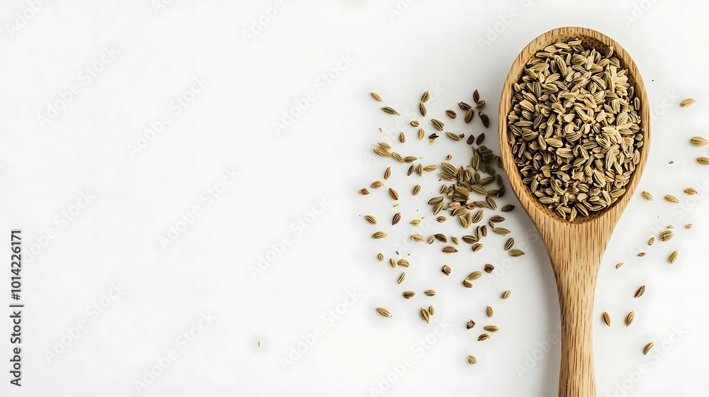 Fennel Seeds in Wooden Spoon on White Background Fennel Seeds in Wooden Spoon on White Background