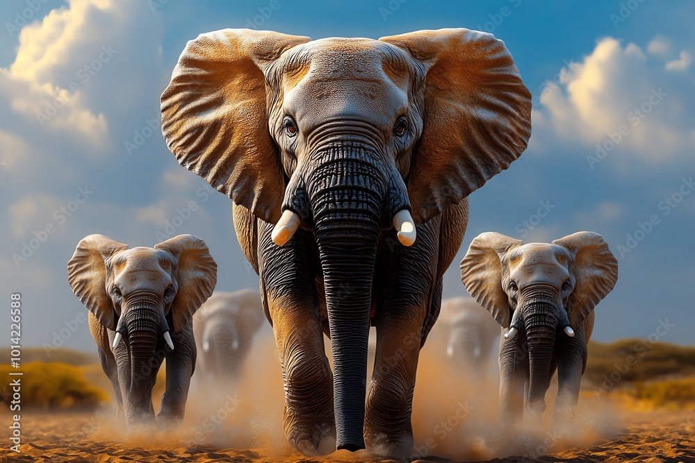 Fototapeta premium Hyper-realistic image of elephants walking across the savannah, with every wrinkle in their skin and dust cloud behind them captured in stunning detail, representing the beauty of African wildlife
