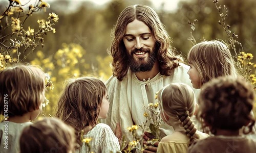 Jesus Christ and children picking plants in the garden