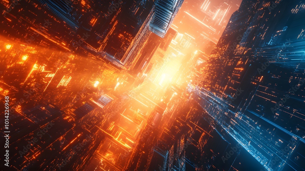 Fototapeta premium abstract futuristic background of dark city building with light future technology concept , 3d rendering. 