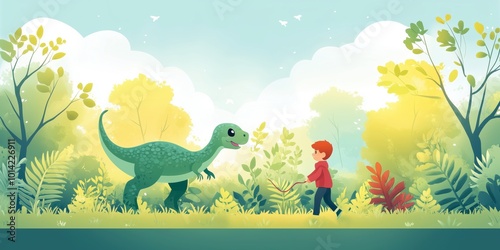 Best friends forever! A boy and his dinosaur explore the woods together. Perfect for children's books or fantasy themes. photo