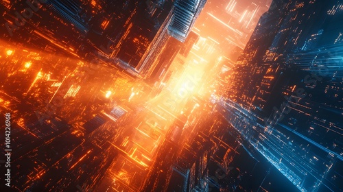 Fototapeta Naklejka Na Ścianę i Meble -  abstract futuristic background of dark city building with light future technology concept , 3d rendering. 