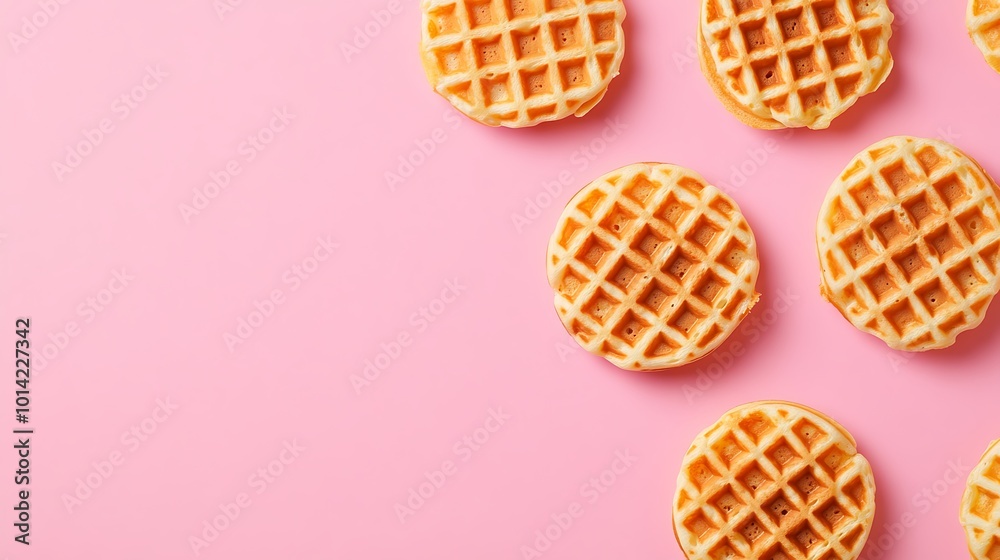 Golden waffles arranged on a pink background