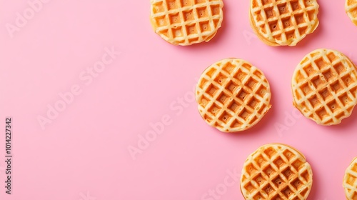 Obraz na płótnie Golden waffles arranged on a pink background w salonie