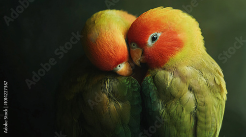 A pair of lovebirds snuggled together