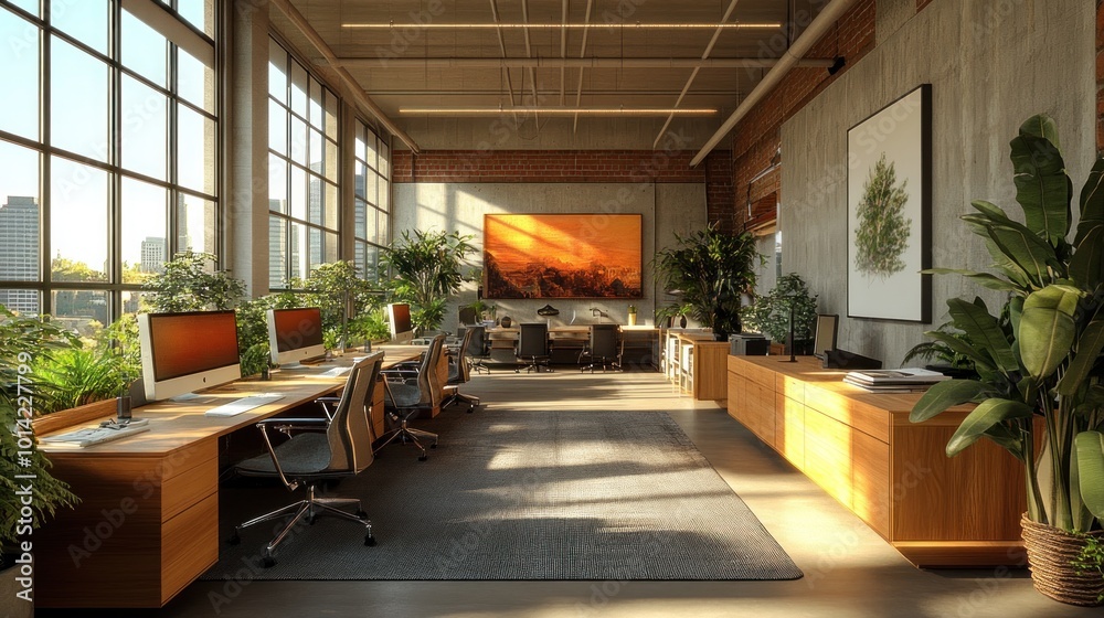Modern office interior with plants and large windows. Modern office interior with plants and large windows.