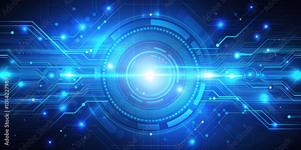 Abstract Futuristic Technology Background with Glowing Blue Circuitry and a Central Hub Abstract Futuristic Technology Background with Glowing Blue Circuitry and a Central Hub