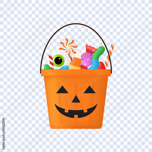 Pumpkin bucket with candies for halloween trick or treat party isolated on transparent background, Vector Illustration