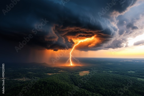 Dramatic image of a powerful lightning bolt striking the earth beneath swirling dark storm clouds, casting an orange glow across the sky and forested landscape. Nature's raw power concept