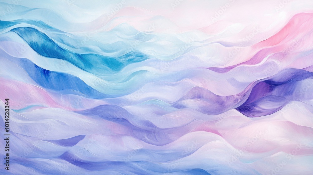 Soft pastel waves in light pink, lavender, and baby blue, mimicking gentle water flow, create a tranquil underwater dreamscape in an ethereal abstract style.