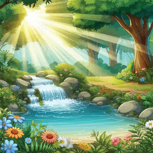 Tranquil jungle clearing with wildflowers vector