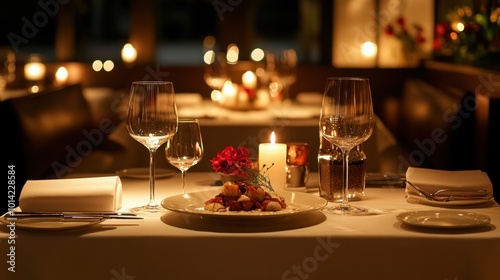 Sophisticated fine dining setup featuring a beautifully plated chef special, surrounded by candles, elegant tableware, and soft ambient lighting.