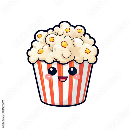 A smiling popcorn bucket with red and white stripes is perfect for carnival posters, movie theater promotions, snack advertisements, and entertainment graphics. Generative AI