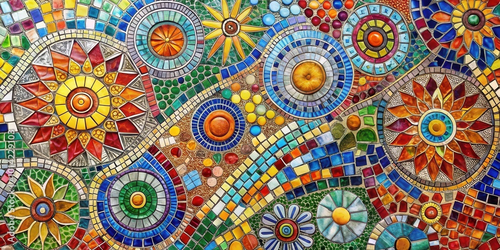 A colorful mosaic of geometric shapes, with circular designs and floral patterns created from vibrant glass tiles A colorful mosaic of geometric shapes, with circular designs and floral patterns created from vibrant glass tiles