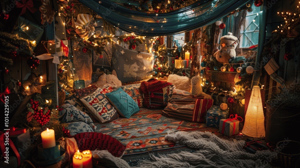 Cozy Holiday Corner with Warm Lights and Decorations Cozy Holiday Corner with Warm Lights and Decorations