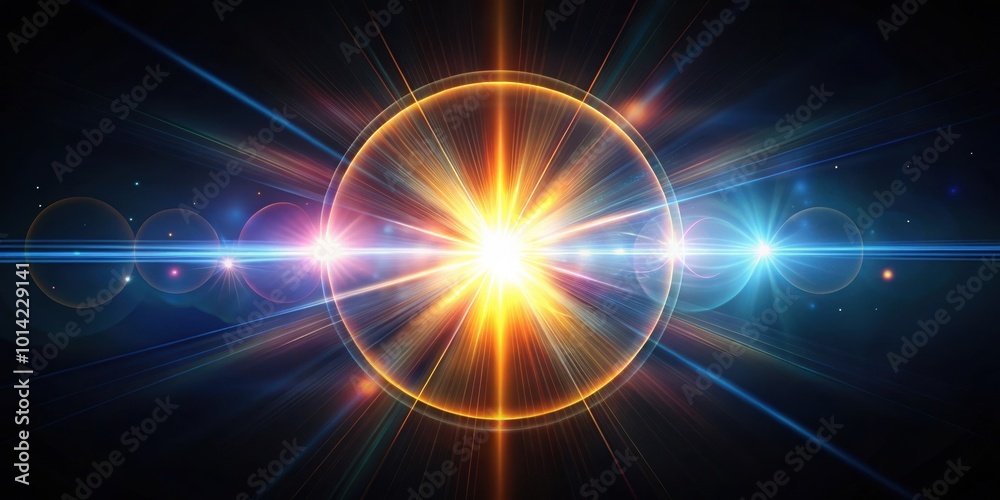 Fototapeta premium A radiant, celestial sphere emitting a vibrant burst of golden light, illuminating the surrounding darkness with streaks of blue and white, creating a breathtaking cosmic spectacle.