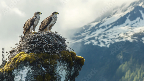 A pair of eagles nesting on a cliff