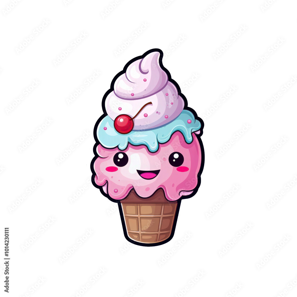 A pink ice cream cone with a smiling face and colorful sprinkles is perfect for summer themed designs, children's products, and joyous occasion. Generative AI