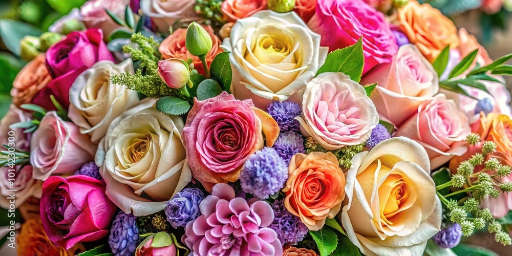 A vibrant bouquet of colorful roses, with delicate petals and soft hues, creating a captivating display of floral beauty.