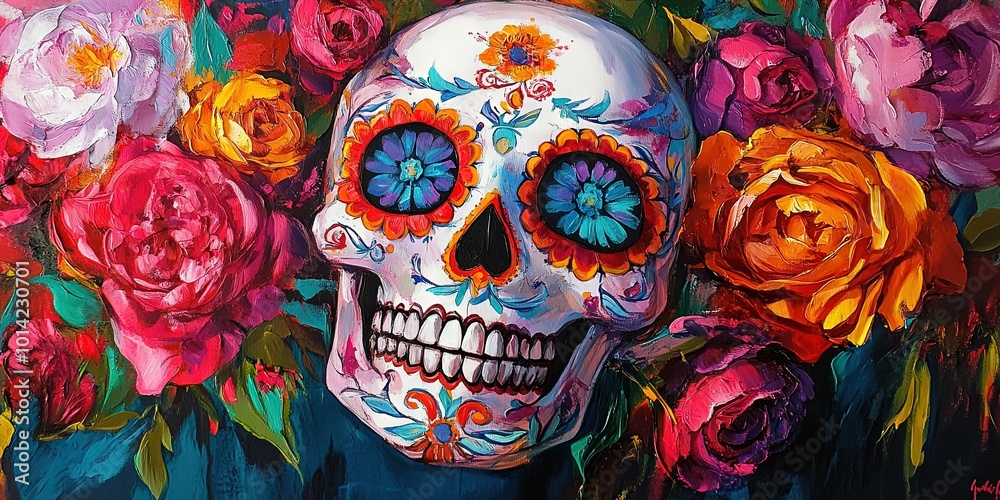 vibrant colors on a white sugar skull, with bright, bold and beautiful flowers - roses and peonies in the background vibrant colors on a white sugar skull, with bright, bold and beautiful flowers - roses and peonies in the background