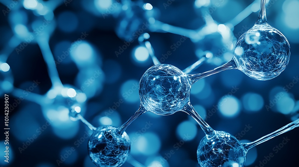 Abstract 3D rendering of a molecular structure with glowing blue spheres and connecting lines, against a blurred blue background. Abstract 3D rendering of a molecular structure with glowing blue spheres and connecting lines, against a blurred blue background.