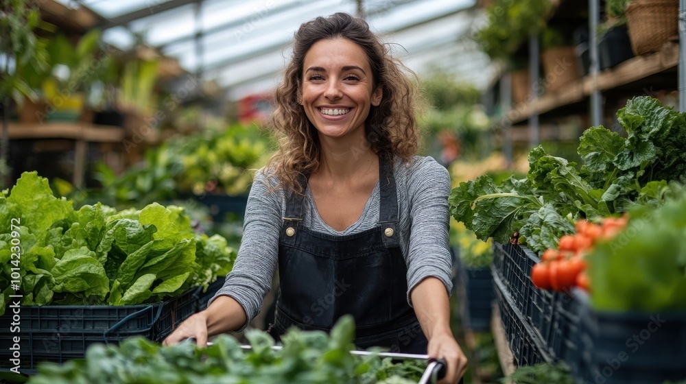 A woman with a joyful expression navigates a shopping cart through an abundant greenhouse A woman with a joyful expression navigates a shopping cart through an abundant greenhouse