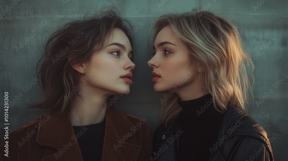 Two women standing next to each other in front of a wall created with Generative AI technology Two women standing next to each other in front of a wall created with Generative AI technology
