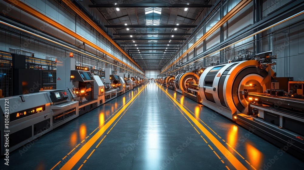 A modern industrial facility with machinery and illuminated pathways. A modern industrial facility with machinery and illuminated pathways.