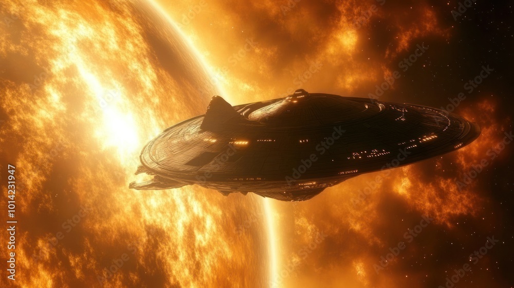 Obraz premium Spaceship Soaring Through a Fiery Nebula