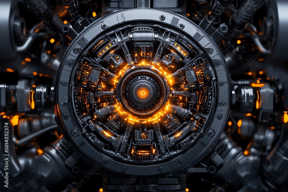 Incredibly detailed warp drive core, showing metal tubes, gears, and glowing energy lines, surrounded by a highly realistic engine chamber Incredibly detailed warp drive core, showing metal tubes, gears, and glowing energy lines, surrounded by a highly realistic engine chamber