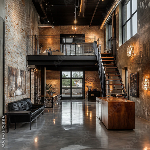 ndustrial Loft with Exposed Brick Walls and Concrete Accent photo