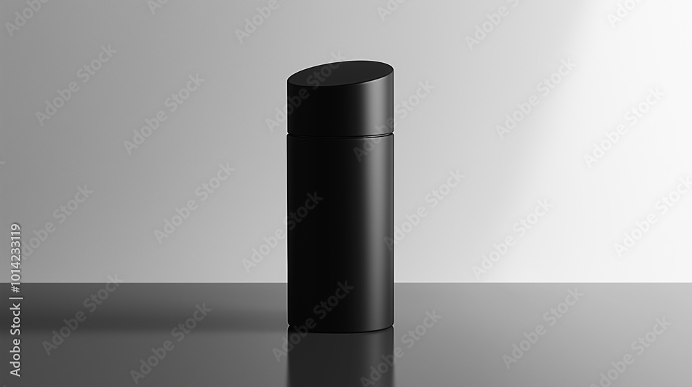 A cylindrical, matte black luxury perfume bottle with a glossy metallic cap. A cylindrical, matte black luxury perfume bottle with a glossy metallic cap.