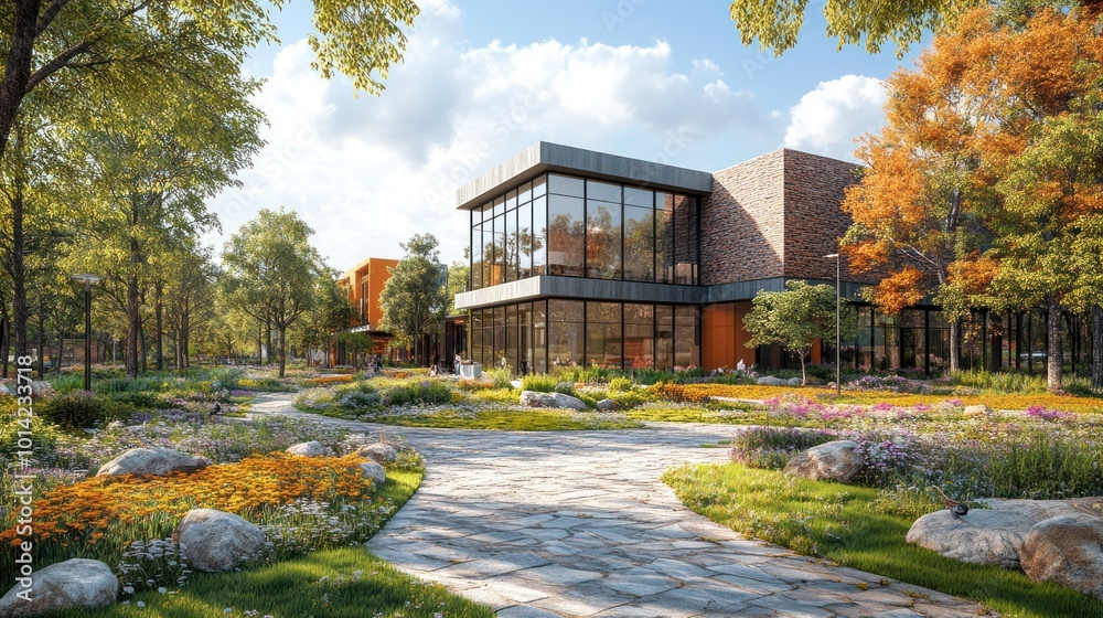 Fototapeta premium Modern building surrounded by a landscaped garden with flowers.