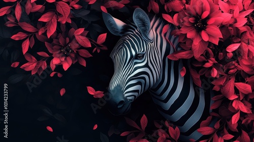 Zebra abstract portrait with flowers and leaves. Creative animal portrait. Generative Ai.