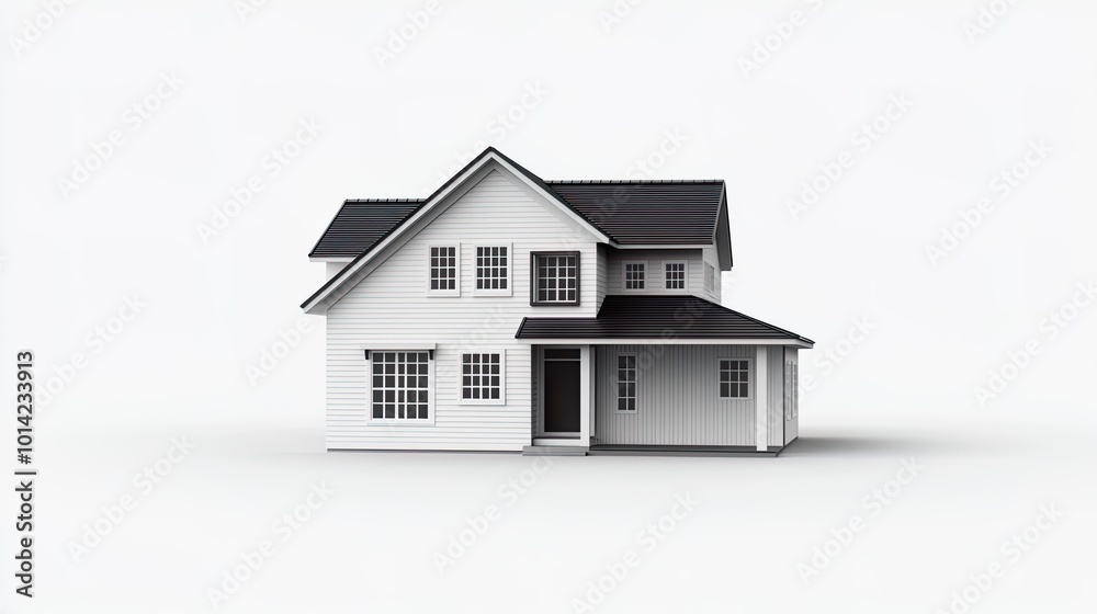 Modern white house with a black roof. Isolated white background.