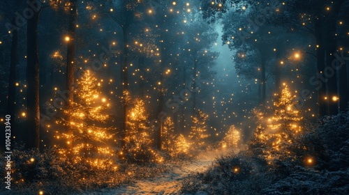 Magical forest with christmas trees and glowing lights