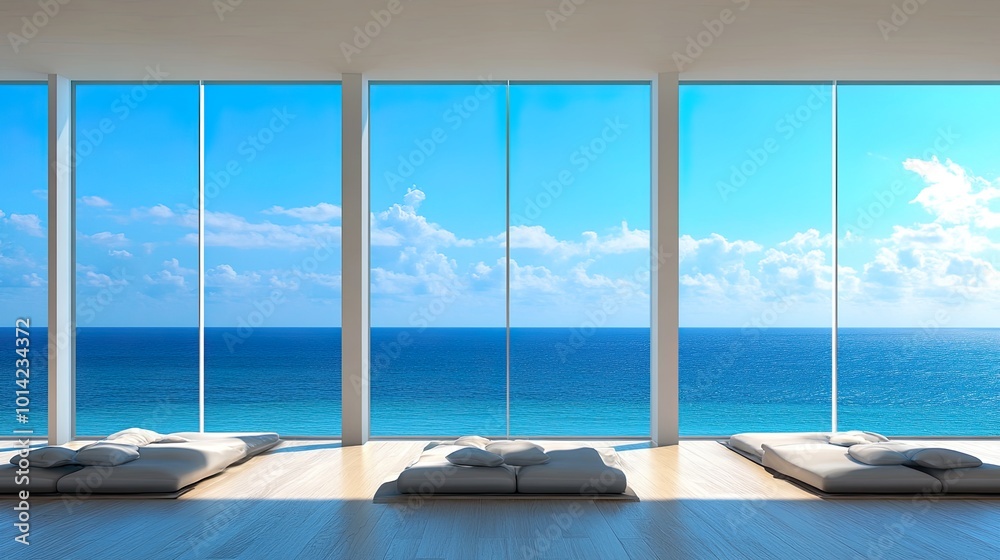 Fototapeta premium Modern interior with ocean view and comfortable seating.