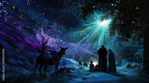 Bethlehem holy family illustration for Christmas, showing the Nativity scene in a digital design with a sacred tone