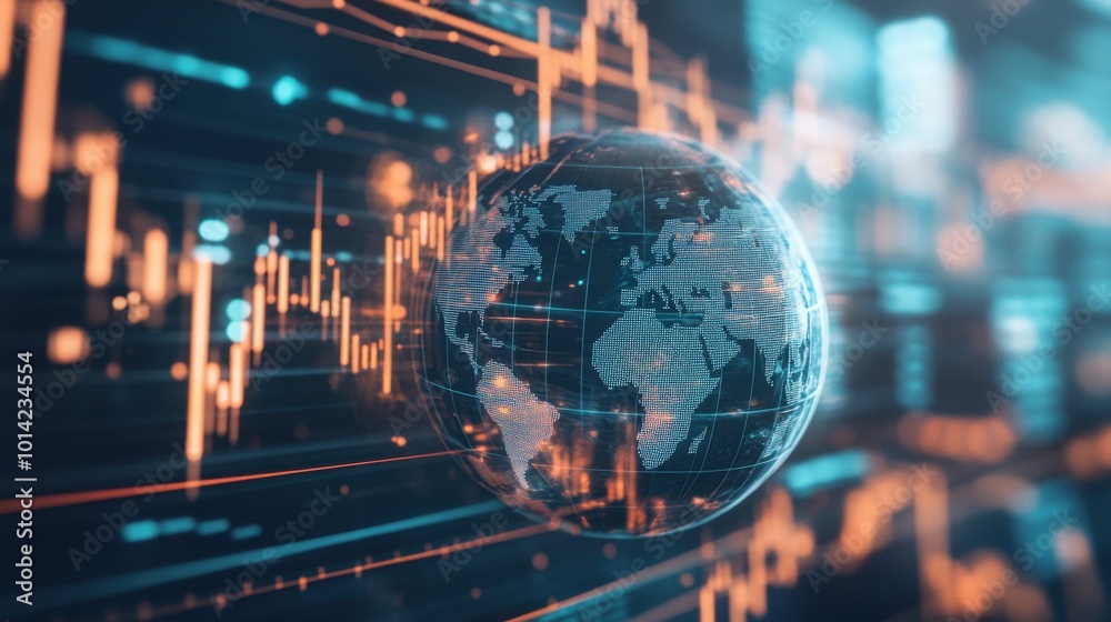Virtual globe surrounded by dynamic financial transaction lines, symbolizing the global economy and the fast-paced movement of financial markets. Virtual globe surrounded by dynamic financial transaction lines, symbolizing the global economy and the fast-paced movement of financial markets.