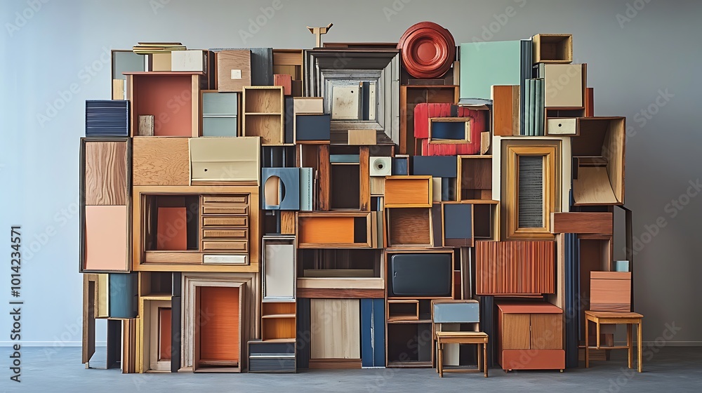 Abstract Wall Sculpture Made of Stacked Wooden Frames and Doors Abstract Wall Sculpture Made of Stacked Wooden Frames and Doors