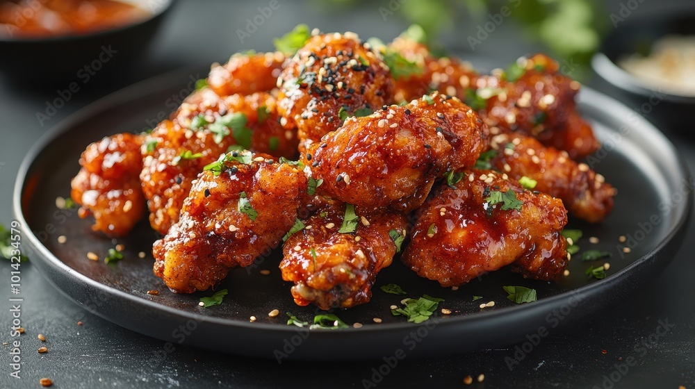 Soy and Spicy Korean Fried Chicken Served on a Black Plate Soy and Spicy Korean Fried Chicken Served on a Black Plate