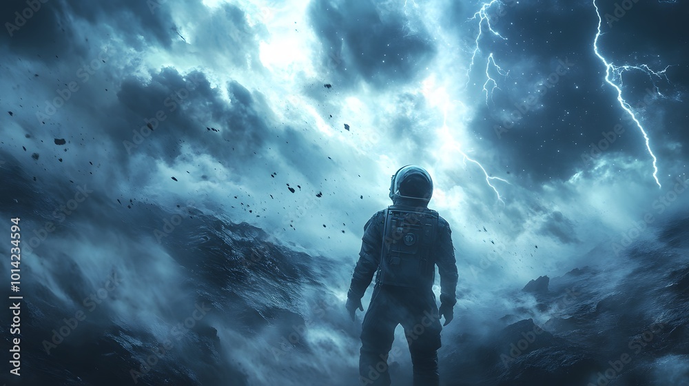 Obraz premium Hostile Arrival. A futuristic spaceman arrives onto a stormy planet surface. Conceptual 3D illustration. 