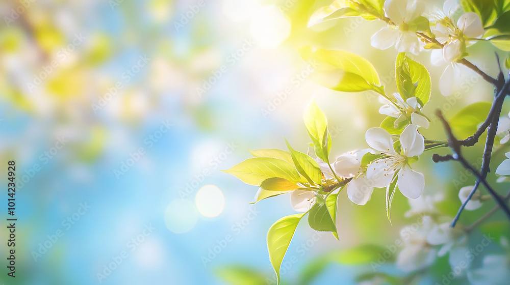 Obraz premium Delicate white blossoms and lush green leaves illuminated by bright spring sunlight